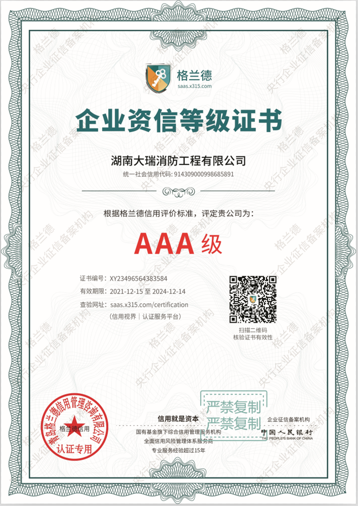 AAA企业资信等级证书